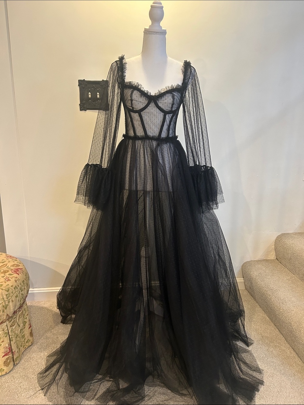 NWT Black Sheer Tulle Long Sleeve  Gown Dress Sz S, Kiki Riki